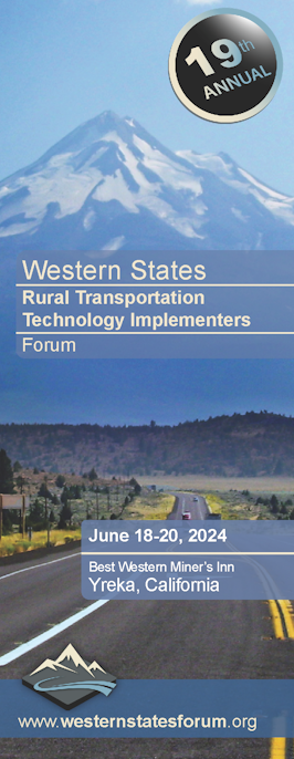 Front cover of Forum registration brochure, landscape, 2 lane highway with turn lane, snow capped Mount Shasta in background. Text: June 18-20, 2024, Best Western Miner's Inn, Yreka, California. Mountain logo, WSF website URL.